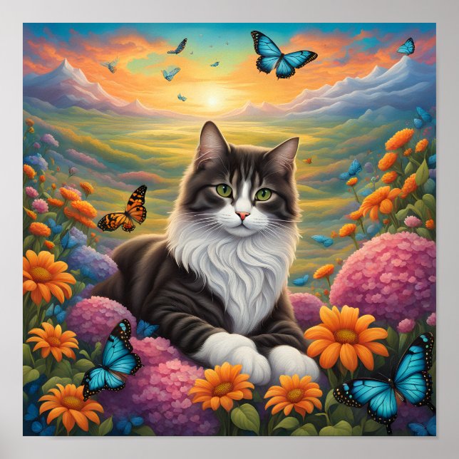 Kat, omgiven av blommor och fjärilar poster (Framsidan)