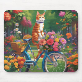 Kat på cykel med färgade blommor, musknapp musmatta