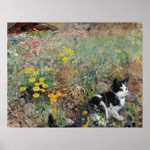 Kat på en flowery Meadow, Bruno Liljefors Poster
