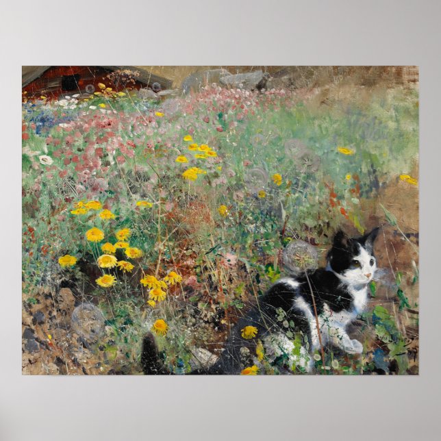 Kat på en flowery Meadow, Bruno Liljefors Poster (Framsidan)