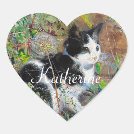 Kat på Flowerbed Hjärtformat Klistermärke