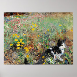 Kat på Flowerbed Poster