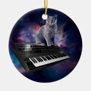 Kat på syntetizer i rymden julgransprydnad keramik