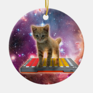 Kat på syntetizrar i rymden julgransprydnad keramik