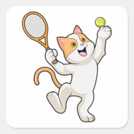 Kat på Tennis med tennis racket Fyrkantigt Klistermärke