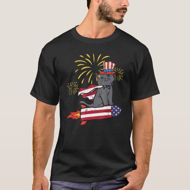Kat på USA Flagga Rocket Cute 4 juli Patriotic Man T Shirt (Framsida)