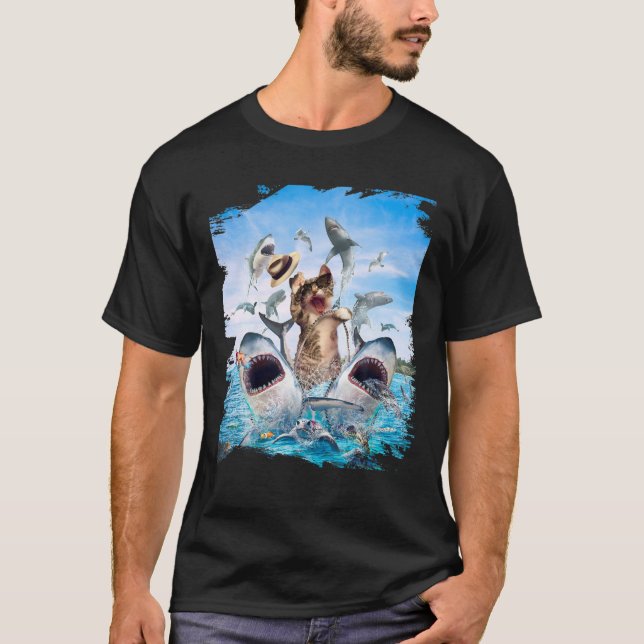 Kat Riding Shark, Beach Ocean Cats Sharks, Sunglas T Shirt (Framsida)