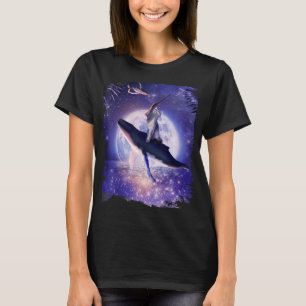 Kat Riding Whale i Space Måne T Shirt