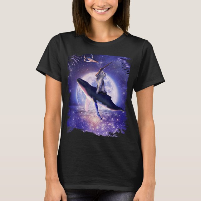 Kat Riding Whale i Space Måne T Shirt (Framsida)