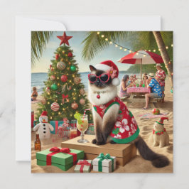 Kat Santa Dress för jul i juli på strand Julkort