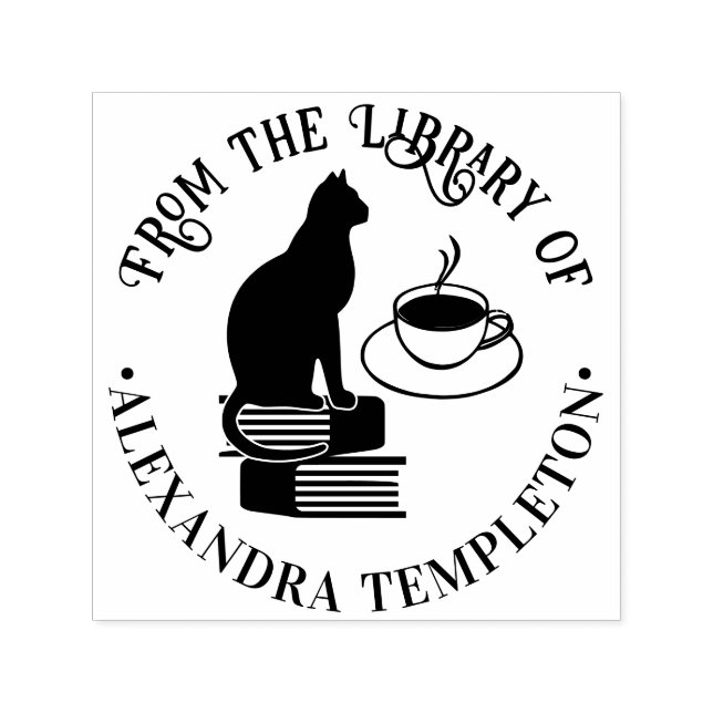 Kat Sitta på Bokar, Kaffe Bibliotek Bok Namn Självfärgande Stämpel (Design)