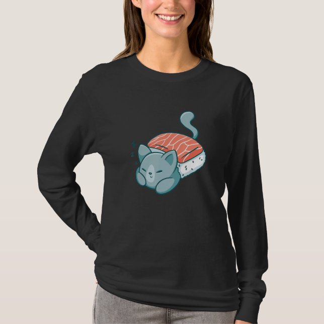 Kat Sleeping Sushi Blanket Cute Kitten Food T Shirt (Framsida)