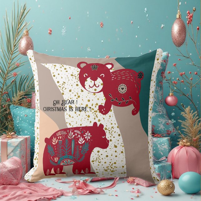 Kat Snö Boho Bohemian Art Kudde (Nordic Christmas Bear Cat Snow Boho Bohemian Art Throw Pillow)