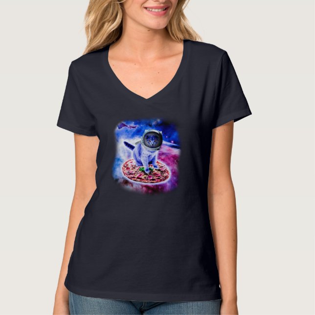 Kat som flyger en Pizza Astronaut Funny Kitten Spa T Shirt (Framsida)