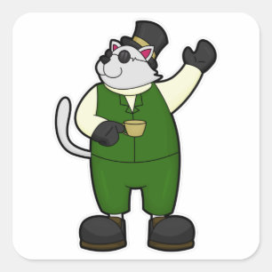 Kat som groom med kaffe och fett fyrkantigt klistermärke