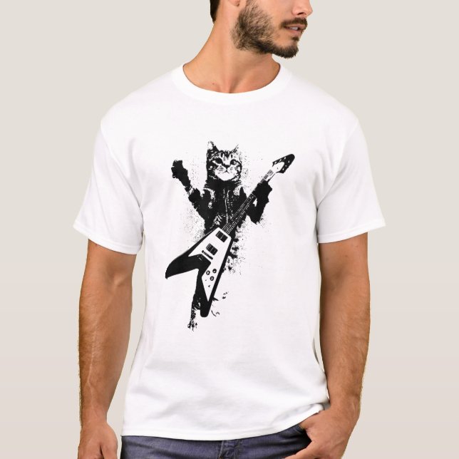 Kat som spelar flugor V Guitar Musician Cat Lover T Shirt (Framsida)