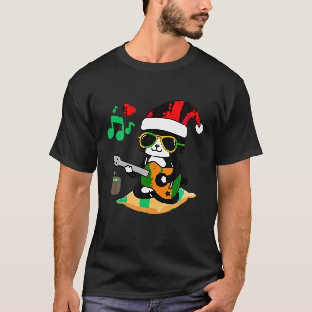 Kat som spelar gitar med solglasögon Santa Hat Chr T Shirt (Framsida)