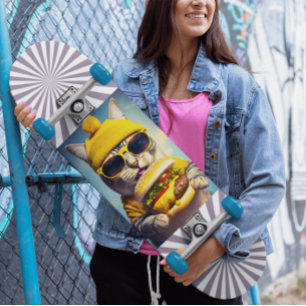 Kat Sunglass Cheeseburger Funny Skateboard