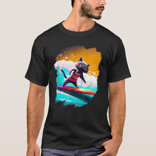 Kat Surfing Surfer Riding Wave Ocean Artistic Cool T Shirt (Framsida)