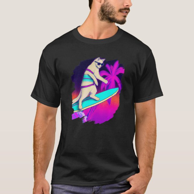Kat Surfing Surfer Riding Wave Ocean Artistic Cool T Shirt (Framsida)