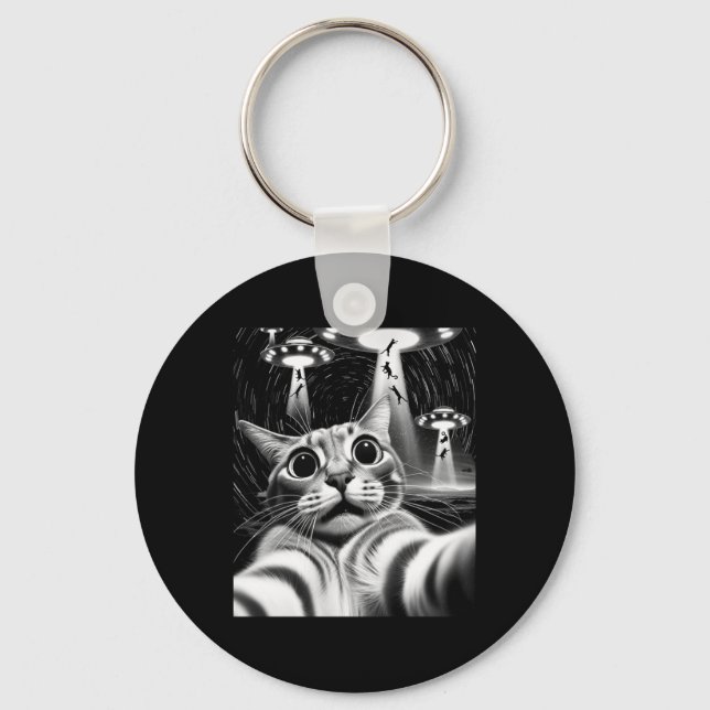 Kat Ufo Invasion _ Funny Cat Meme Retro Alien Cat Nyckelring (Framsida)
