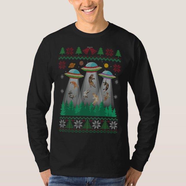 Kat Ugly God Jul Sweater Alien Ufo Cat Abduction T Shirt (Framsida)