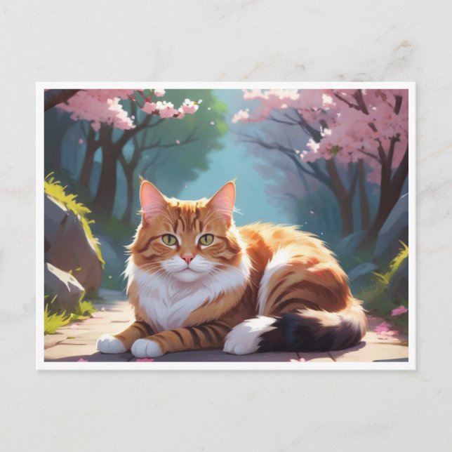 Kat under Sacura träd vykort (Framsida)