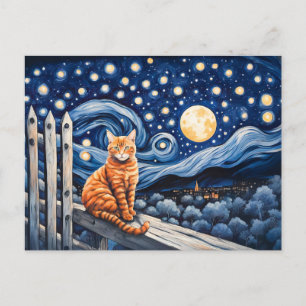 Kat under Starry Nght Watercolor Vykort