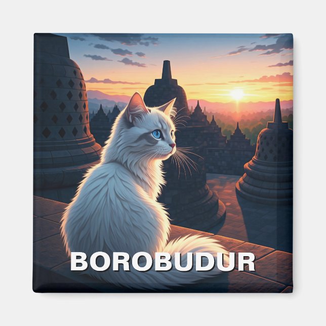 Kat vid Borobudur Indonesia Sunset Magnet (Framsidan)