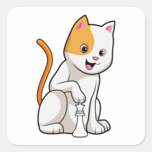 Kat vid Chess med Chess biet Pawn Fyrkantigt Klistermärke