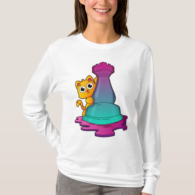 Kat vid Chess med Chess biet Rook T Shirt (Framsida)
