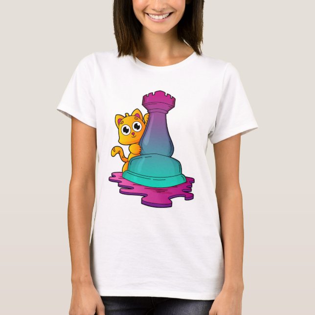 Kat vid Chess med Chess biet Rook T Shirt (Framsida)