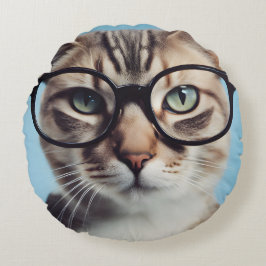 Kat Wearing Glass Rund Kudde