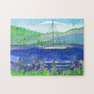 Katamaransk segelbåt Lila Lupines Mountain Sjö Pussel