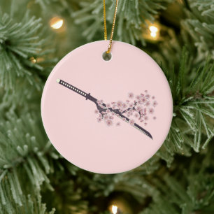 Katana med sakura gren julgransprydnad keramik