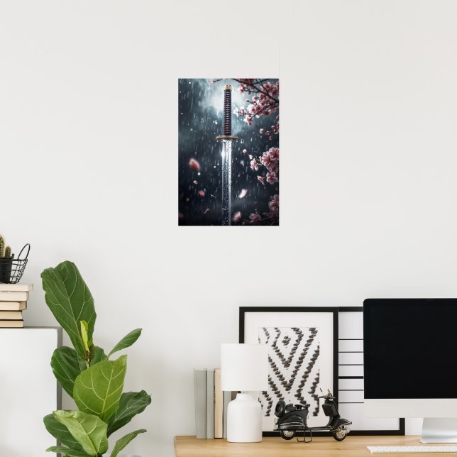 Katana Sword med Sakura-Blommar i Rain Poster (Hemmakontoret)