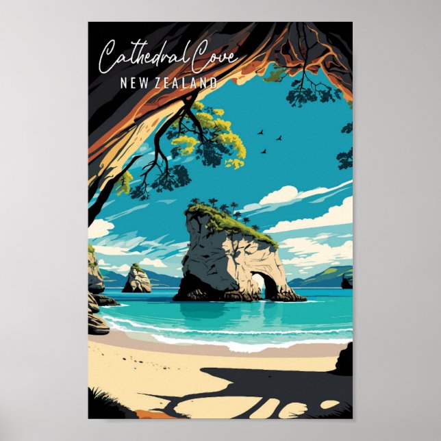 Katedral Cove Nya Zeeland vintage resor Poster (Framsidan)