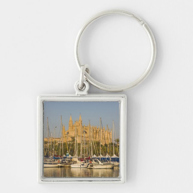 Katedral och marina, Palma, Mallorca, Spanien 2 Fyrkantig Silverfärgad Nyckelring (Framsidan)