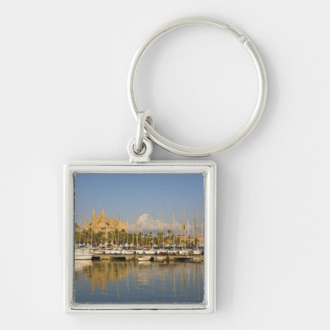 Katedral och marina, Palma, Mallorca, Spanien Fyrkantig Silverfärgad Nyckelring (Framsidan)