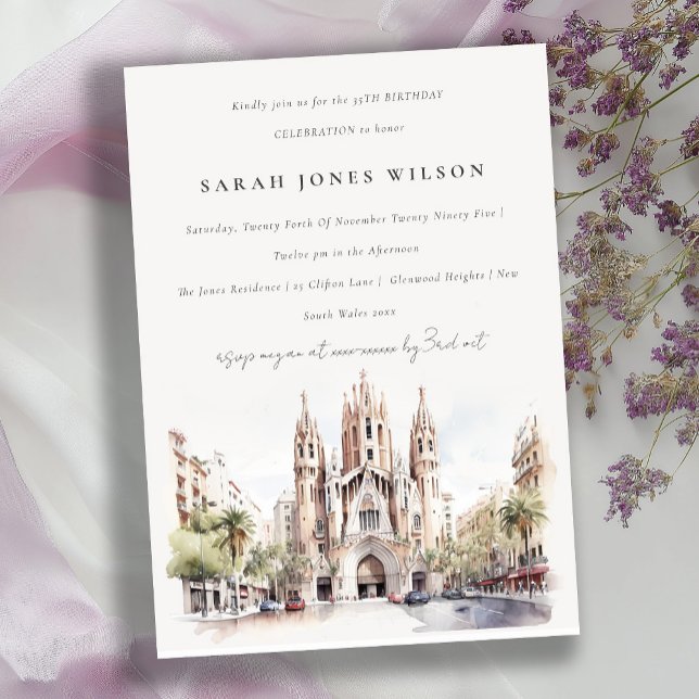 Katedralen i Barcelona Spain Watercolor Birthday Inbjudningar (Skapare uppladdad)