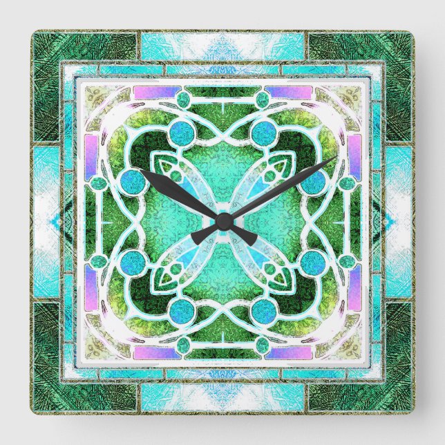 Katedralfönster med fastsatt glas i Grönt och färg Fyrkantig Klocka (Framsida)