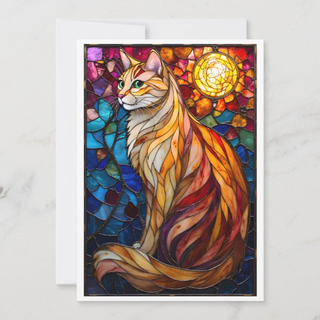 Katedralglas stil Fluffig Orange och Vit Katt  Kort (Framsida)