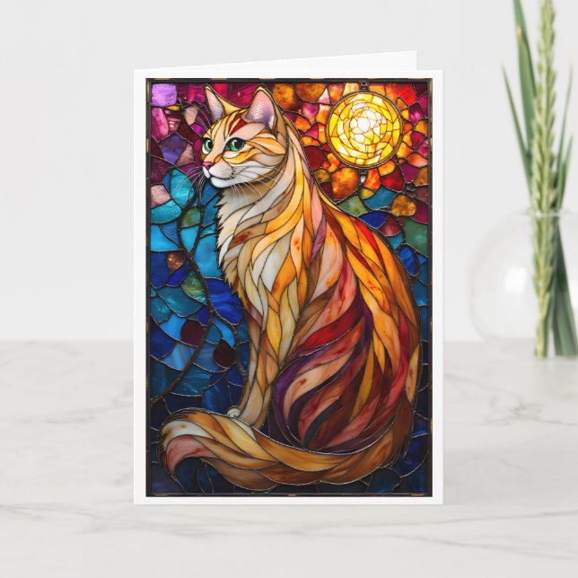 Katedralglas stil Fluffig Orange och Vit Katt  Kort (Framsida)