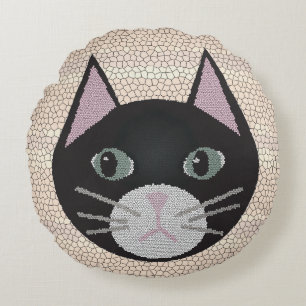 Katedralglas Svart Katt, Beige Rund Kudde