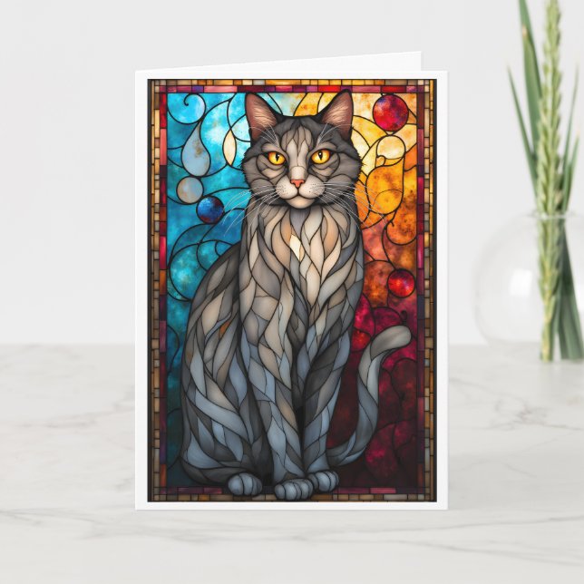 Katedralglasstil Grå Katt Kort (Framsida)