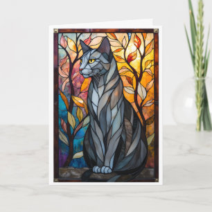 Katedralglasstil Grå Katt med Blad Kort