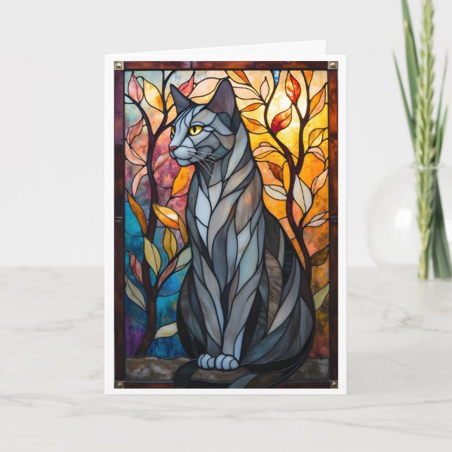 Katedralglasstil Grå Katt med Blad Kort (Framsida)