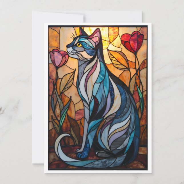 Katedralglasstil Grå Katt med Blommor Kort (Framsida)