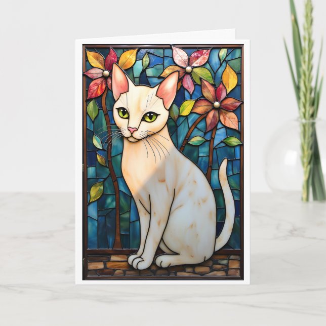 Katedralglasstil Vit Katt med Blommor Kort (Framsida)