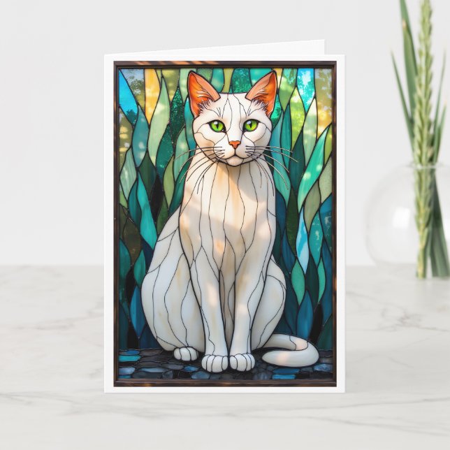 Katedralglasstil Vit Katt med Gröna Ögon Kort (Framsida)